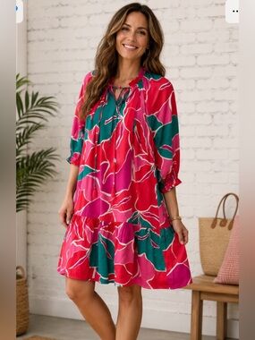 UMGEE FLORAL BRIGHT FLOWY KNEE LENGTH DRESS TROPICAL EFFORTLESS SIZE LARGE